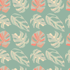 Pastel palette seamless doodle pattern with monstera silhouettes. Light turquoise background with pink floral elements. © smth.design