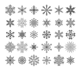 Icon set of snowflakes. Christmas design vector. Snowflakes black isolated on white background. Vector illustration, EPS 10.