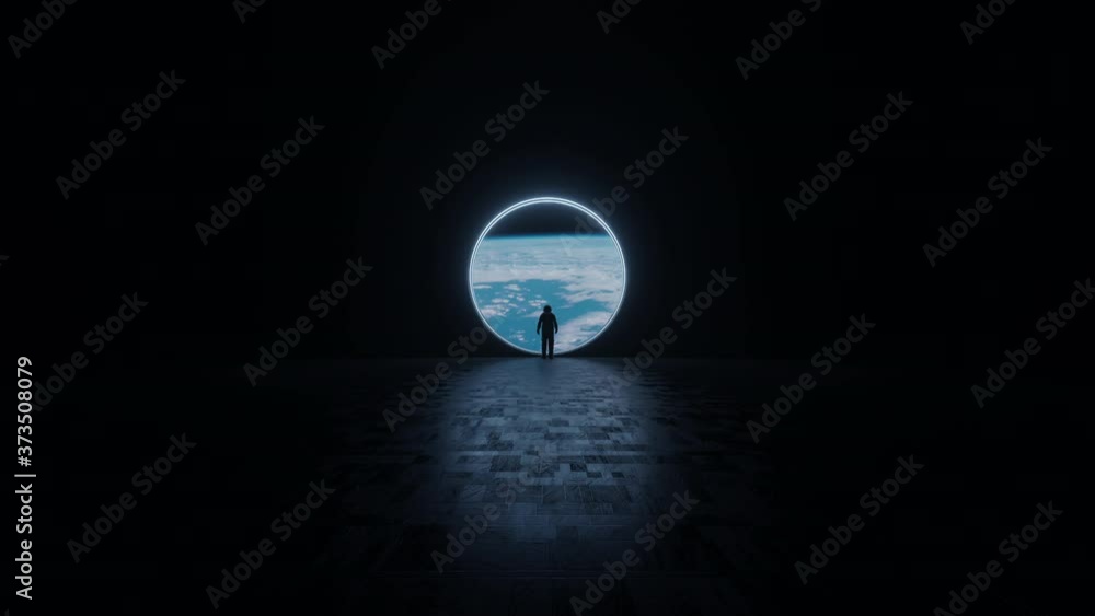 Wall mural the astronaut is looking at the huge illuminator of an unknown spaceship interior at an empty galaxy