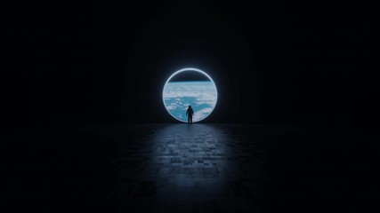 The astronaut is looking at the huge illuminator of an unknown spaceship interior at an empty galaxy. 3D ISS animation in 4k.	 - Powered by Adobe