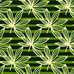 Bright yellow outline marijuana leaves seamless pattern. Black and green background with strips. Floral drug print.