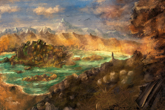 Illustration of a fantasy  mountainscape with a lake and an island