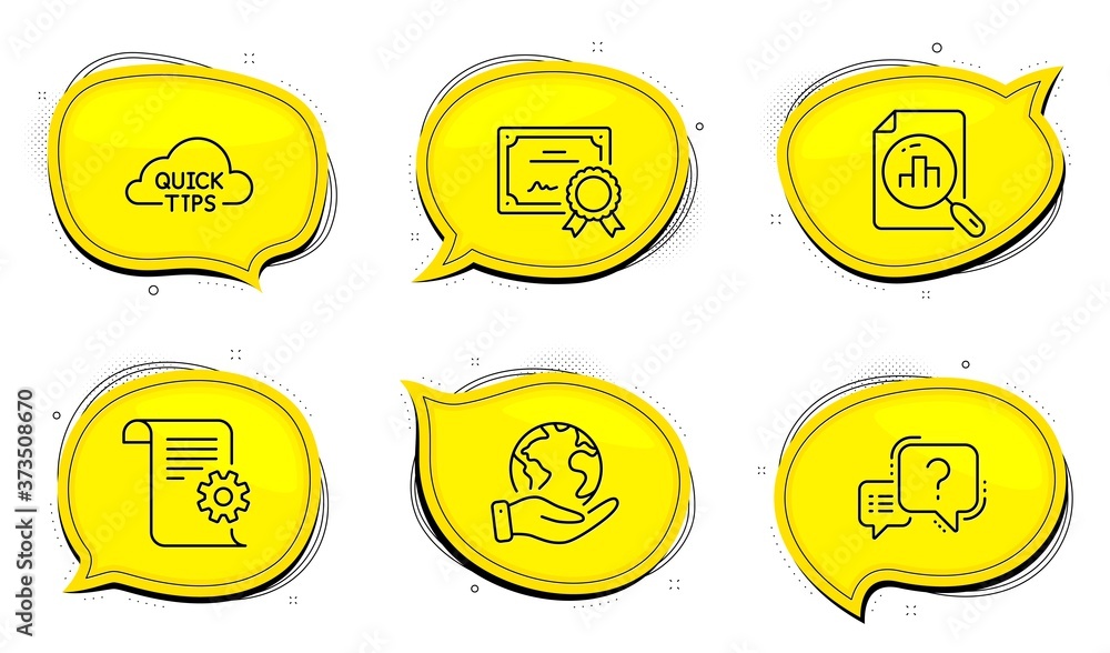 Poster quick tips sign. diploma certificate, save planet chat bubbles. analytics graph, technical documenta