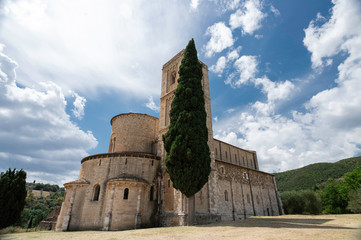 External view of the Sant'Antimo Abbey, in Tuscany, Italy