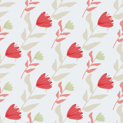 Pastel tender tulip flowers seamless pattern. Red botanic elements on light background. Stylized artwork.