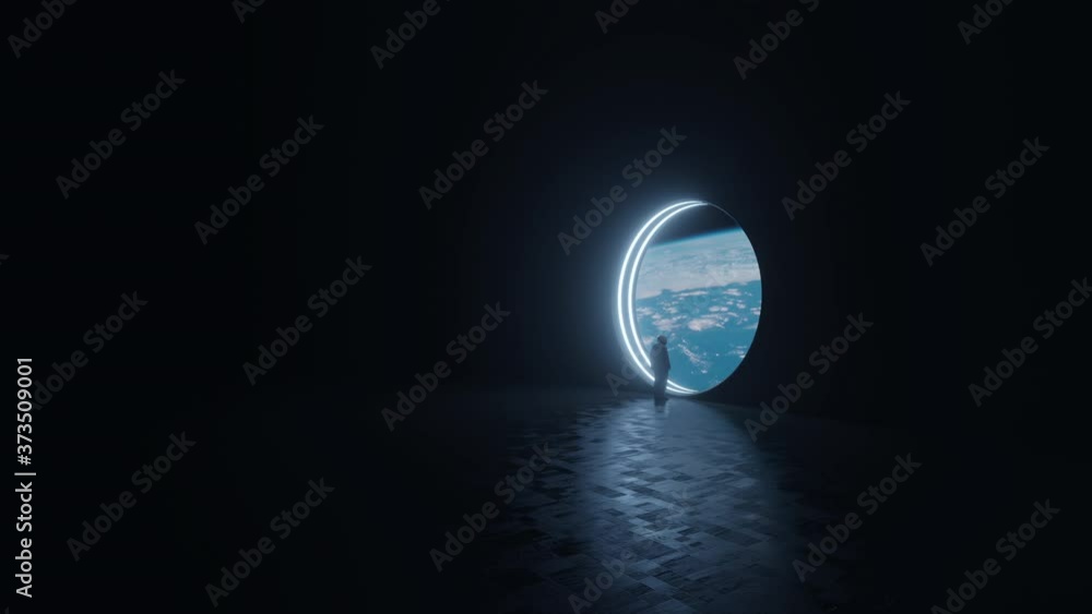 Sticker the astronaut is looking at the huge illuminator of an unknown spaceship interior at an empty galaxy