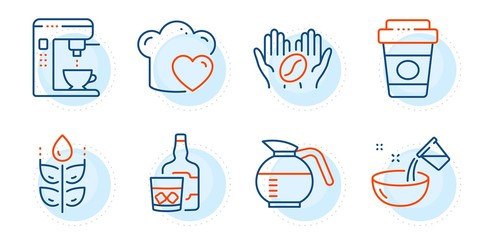 Coffeepot, Takeaway coffee and Whiskey glass signs. Love cooking, Coffee and Gluten free line icons set. Cooking water symbol. Chef hat, Roasted bean. Food and drink set. Outline icons set. Vector