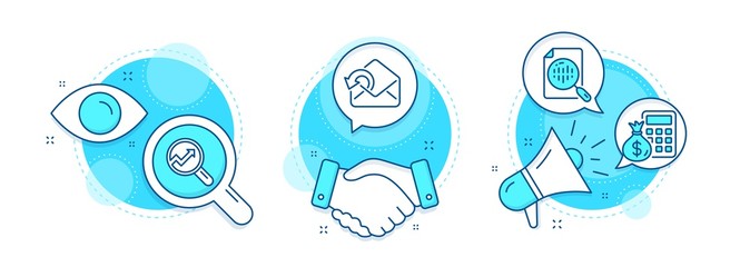 Analytics, Analytics chart and Finance calculator line icons set. Handshake deal, research and promotion complex icons. Send mail sign. Audit analysis, Report analysis, Calculate money. Vector