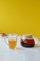 cup of tea and teapot standing in front of yellow wall