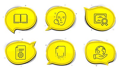 Face search sign. Diploma certificate, save planet chat bubbles. Recovery file, Book and Technical documentation line icons set. Backup document, E-learning course, Manual. Find user. Vector