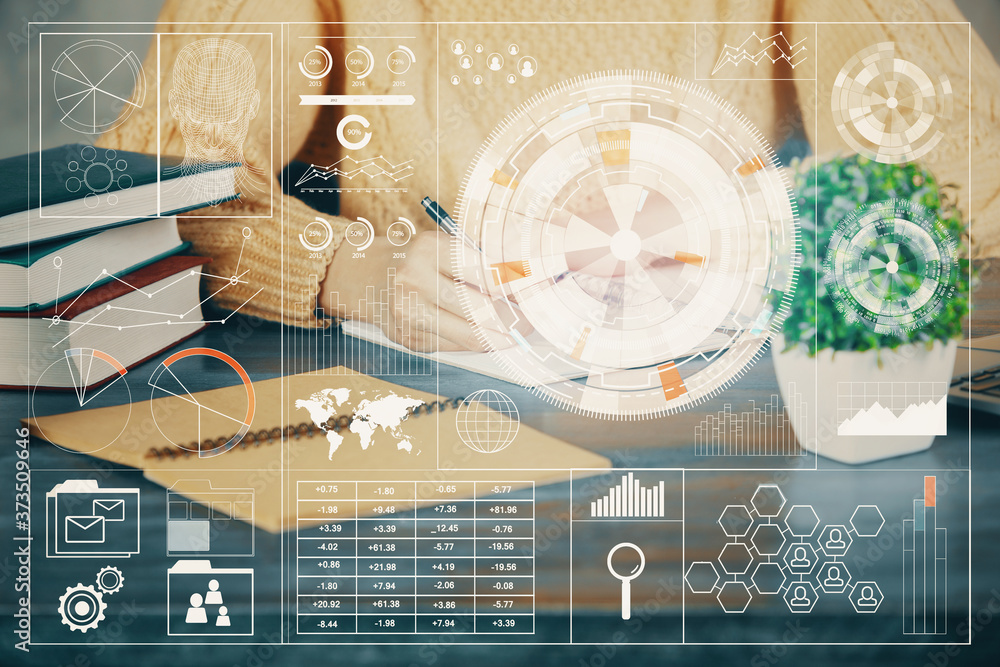 Poster Double exposure of writing hands on background with data solution hologram on front. Technology concept. Close up