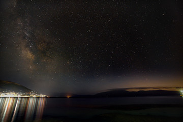 Amazing Panoramic Landscape view of a Milky Way at night sky, with grain