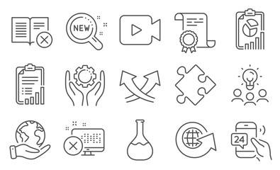 Set of Technology icons, such as Intersection arrows, Strategy. Diploma, ideas, save planet. Report, Checklist, Video camera. 24h service, Reject book, Employee hand. Vector