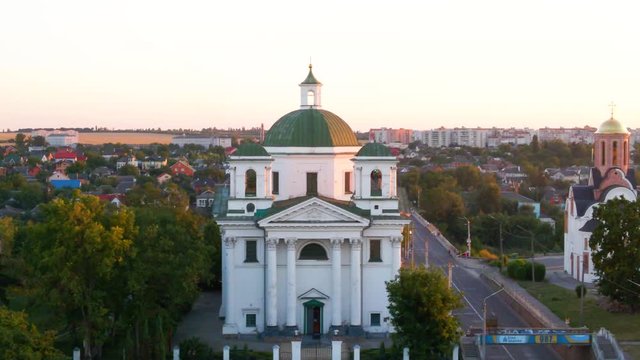 Old Greek Catholic church, Dolly Zoom effect. Small european city, Kiev Region, Ukraine