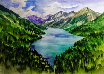 Watercolor landscape, mountains, lake, forest