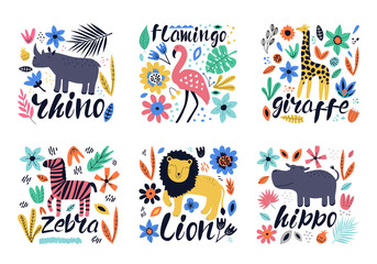 Fototapeta na wymiar Hand drawn colorful collection of animals with flowers and leaves. Scandinavian style design. 