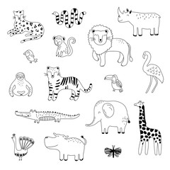 Obraz premium Duży zarys handdrawn kolekcja zwierząt tropikalnych. Prosta ilustracja do projektowania koszulek, plakatów, kart.