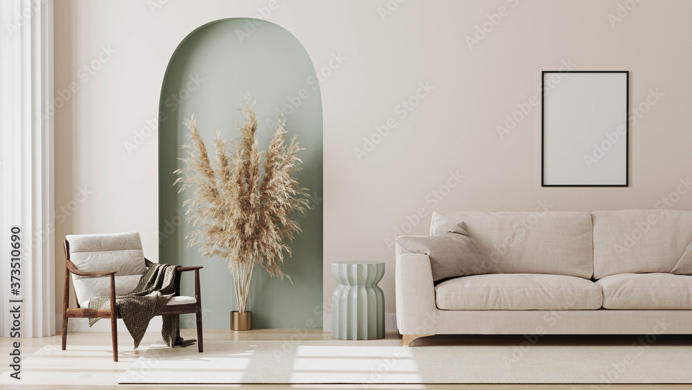 Wall mural living room interior mock up, modern furniture and decorative green arch with trendy dried flowers, 