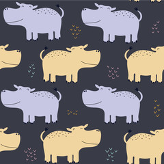 Hand drawn background with hippos. Pattern with cute design. Scandinavian style design. 