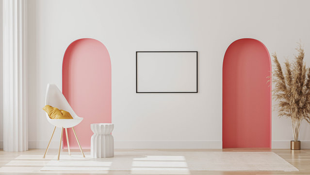 Blank picture frame mockup on wall in modern living room interior with decorative pastel pink arches, column, chair with pillow, 3d rendering
