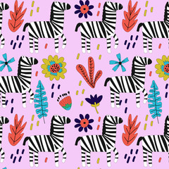 Hand drawn background with zebras and flowers.Pattern with cute design. Scandinavian style design. 