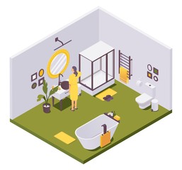 Vector isometric girl brushing teeth in bathroom with a shower, heated towel rail, toilet, bathtub, plumbing fixtures and bathroom accessories for home, hotel or villa.