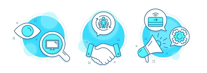 Seo gear, Contactless payment and Monitor line icons set. Handshake deal, research and promotion complex icons. Teamwork sign. Cogwheel, Financial payment, Computer component. Employees change. Vector