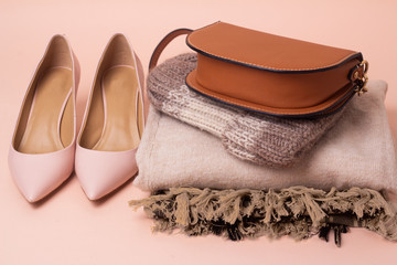 women's shoes, sweater, hat and bag autumn wardrobe.