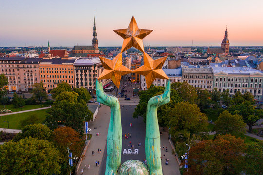 Amazing Aerial View of the Statue of Liberty Milda in Riga, Latv