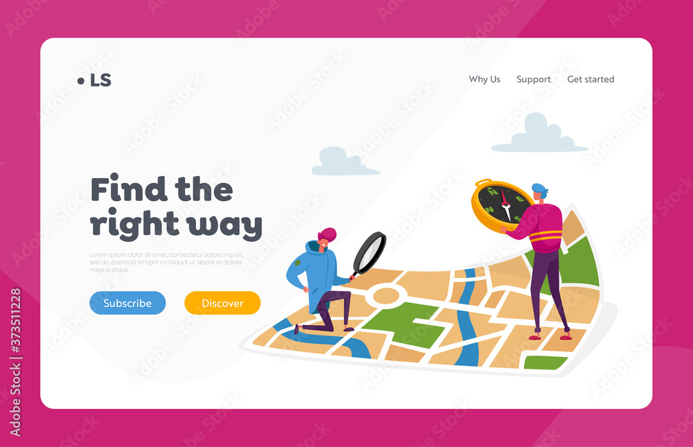 Poster tiny characters orienteering at huge map landing page template. men with magnifier and compass searc