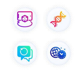 Chemistry dna, Recovery data and Augmented reality icons simple set. Button with halftone dots. Time management sign. Chemical formula, Backup info, Phone simulation. World clock. Science set. Vector