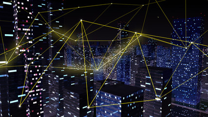 Digital City Network Building Technology Communication Data Business 3D illustration Background