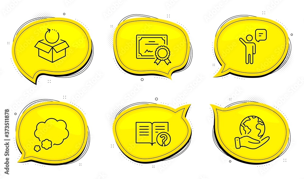 Poster talk bubble sign. diploma certificate, save planet chat bubbles. agent, return package and help line