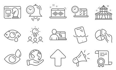 Set of Business icons, such as Circus, Seo strategy. Diploma, ideas, save planet. Time management, Online education, Music making. Pie chart, Eye drops, Ð¡onjunctivitis eye. Vector