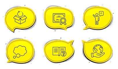 Talk bubble sign. Diploma certificate, save planet chat bubbles. Agent, Return package and Help line icons set. Business person, Exchange goods, Documentation. Chat message. Business set. Vector