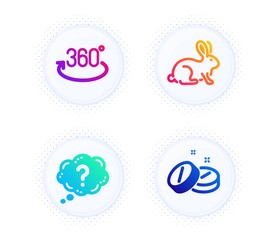Fototapeta premium Full rotation, Question mark and Animal tested icons simple set. Button with halftone dots. Medical tablet sign. 360 degree, Quiz chat, Bio product. Medicine pill. Science set. Vector