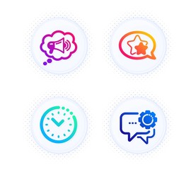 Star, Megaphone and Time management icons simple set. Button with halftone dots. Employees messenger sign. Favorite, Brand message, Office clock. Speech bubble. Business set. Vector