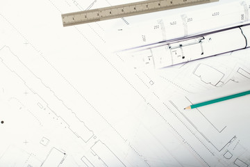 Construction planning drawings, projects on paper