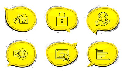 Horizontal chart sign. Diploma certificate, save planet chat bubbles. 24h service, Loyalty gift and Lock line icons set. Call support, Bonus award, Private locker. Presentation graph. Vector