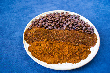 Coffee beans, seeds and roasted coffee for espresso, cappuccino and americano