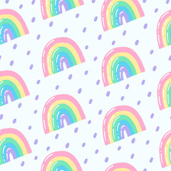 Cute colorful seamless vector pattern with pastel rainbow and dots. Vector template for textile, wrapping paper and prints