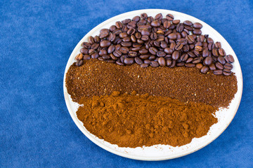 Coffee beans, seeds and roasted coffee for espresso, cappuccino and americano