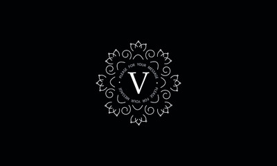 Elegant round monogram template with letter V. Creative white logo on black background. Vector illustration of business, cafe, office, restaurant, heraldry.