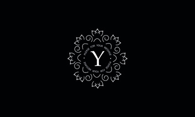 Elegant round monogram template with letter Y. Creative white logo on black background. Vector illustration of business, cafe, office, restaurant, heraldry.