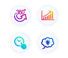 360 degrees, Time management and Graph chart icons simple set. Button with halftone dots. Energy sign. Full rotation, Office clock, Growth report. Lightbulb. Science set. Vector