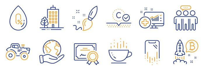 Set of Business icons, such as Paint brush, Bitcoin project. Certificate, save planet. Skyscraper buildings, Employees group, Collagen skin. Tractor, Medical analytics, No alcohol. Vector