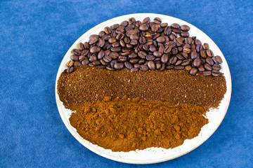 Coffee beans, seeds and roasted coffee for espresso, cappuccino and americano