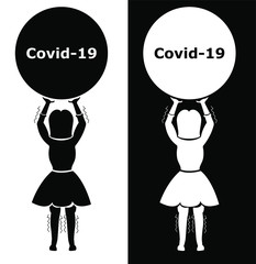 Girl holding weight of covid 19 or coronavirus with shaking hands and legs - vector illustration
