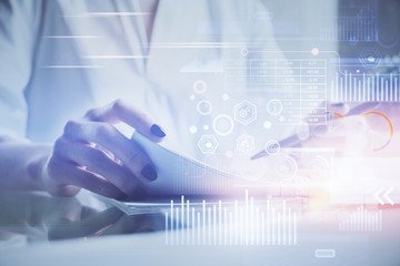 Multi exposure of hands making notes with digital coding icons. Computer learning concept.