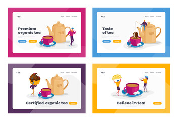 People Drinking Tea, Hot Drink Party Landing Page Template Set. Tiny Characters at Huge Teapot, Cup with Beverage and Milk. Woman Hold Lemon Slice, Man with Cookies. Cartoon People Vector Illustration